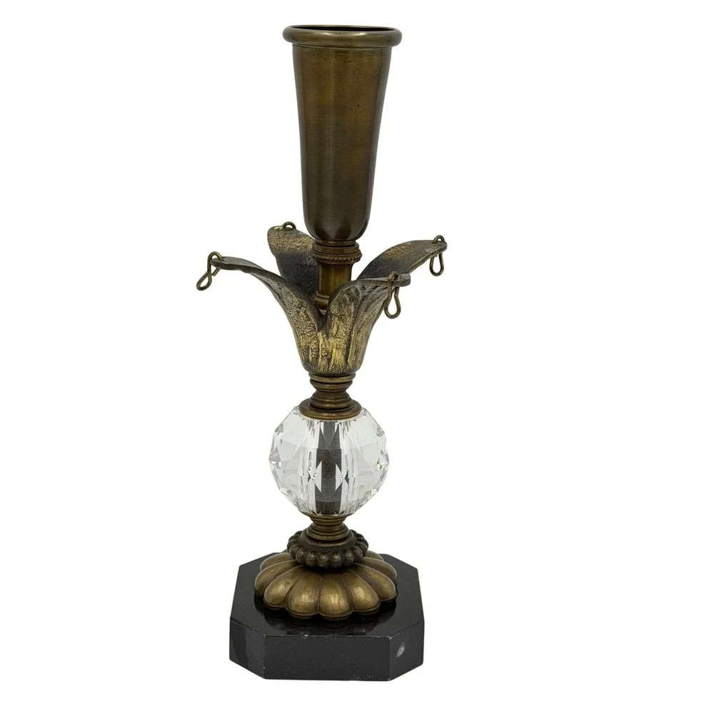Vtg MCM Bronze Finish Taper Candle Holder Crystal Marble Hollywood Regency 10